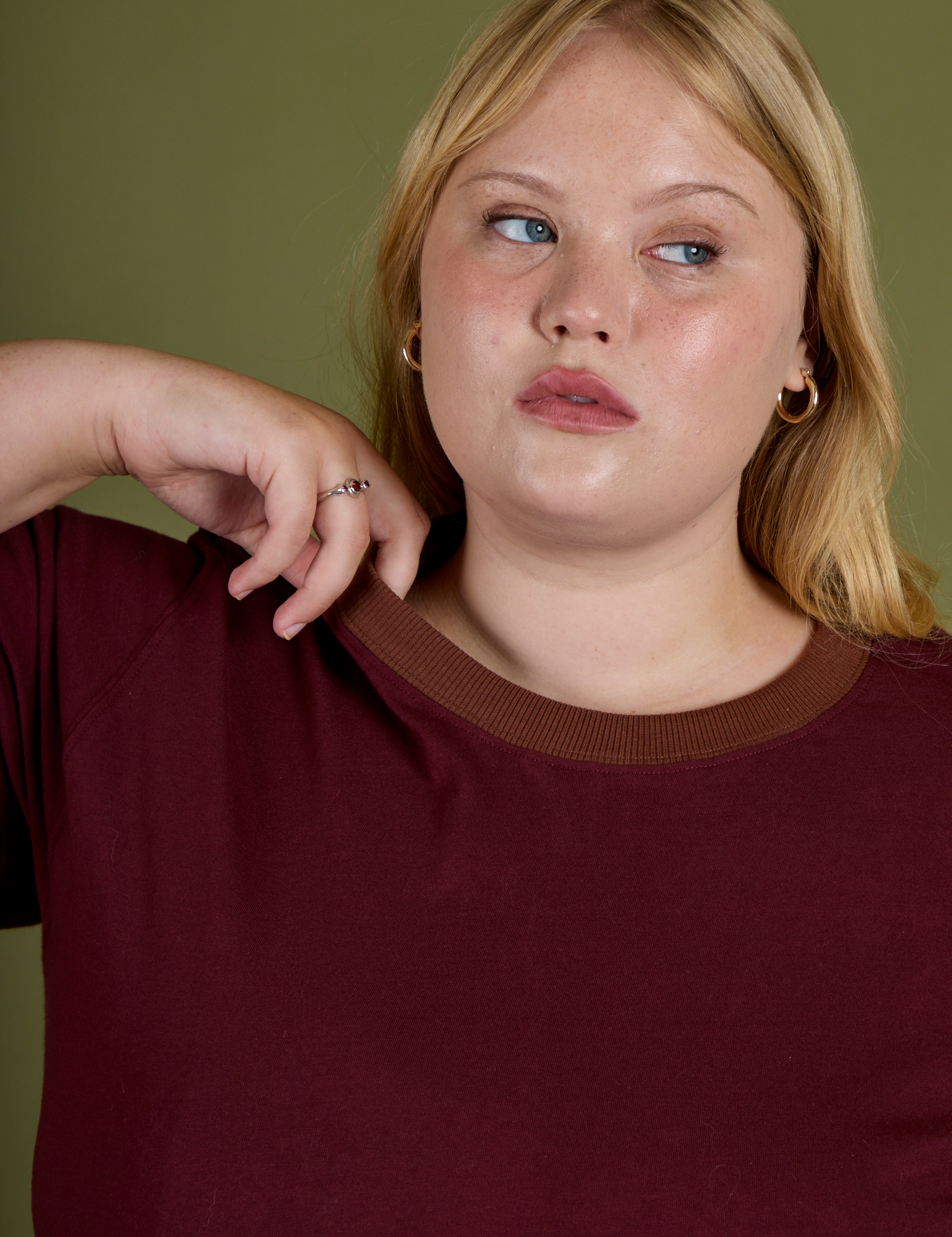 Vintage Ringer Tee in Red Wine front close up on Juliet