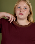 Vintage Ringer Tee in Red Wine front close up on Juliet