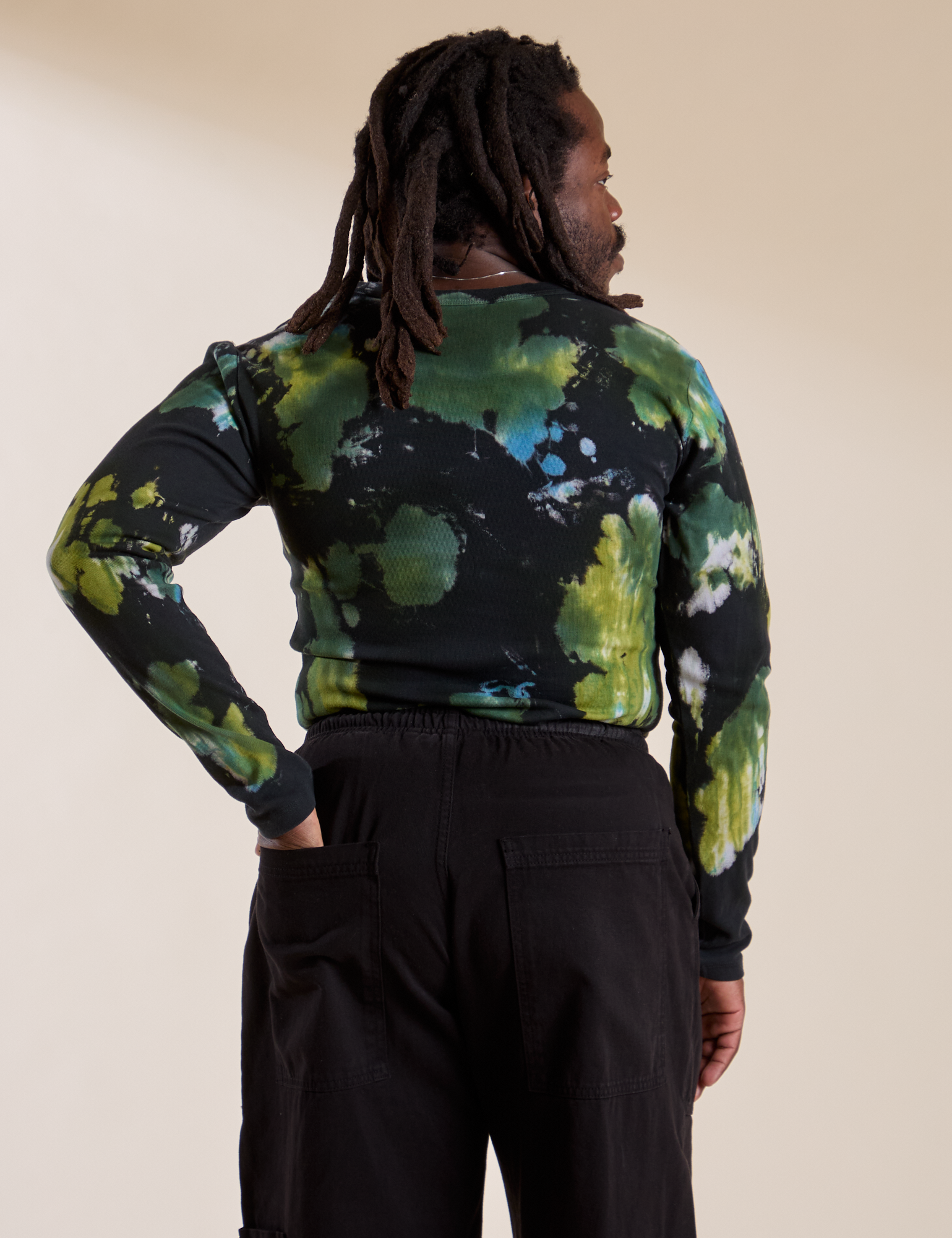 Long Sleeve Baby Tee in Green Pool back view on Demi