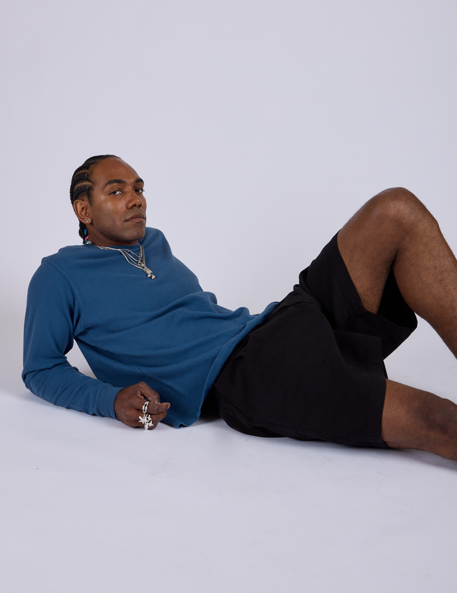 Pleated Trouser Shorts in Basic Black and Long Sleeve Burly Tee in French Blue on Jerrod
