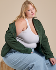 Denim Work Jacket in Swamp Green worn by Juliet