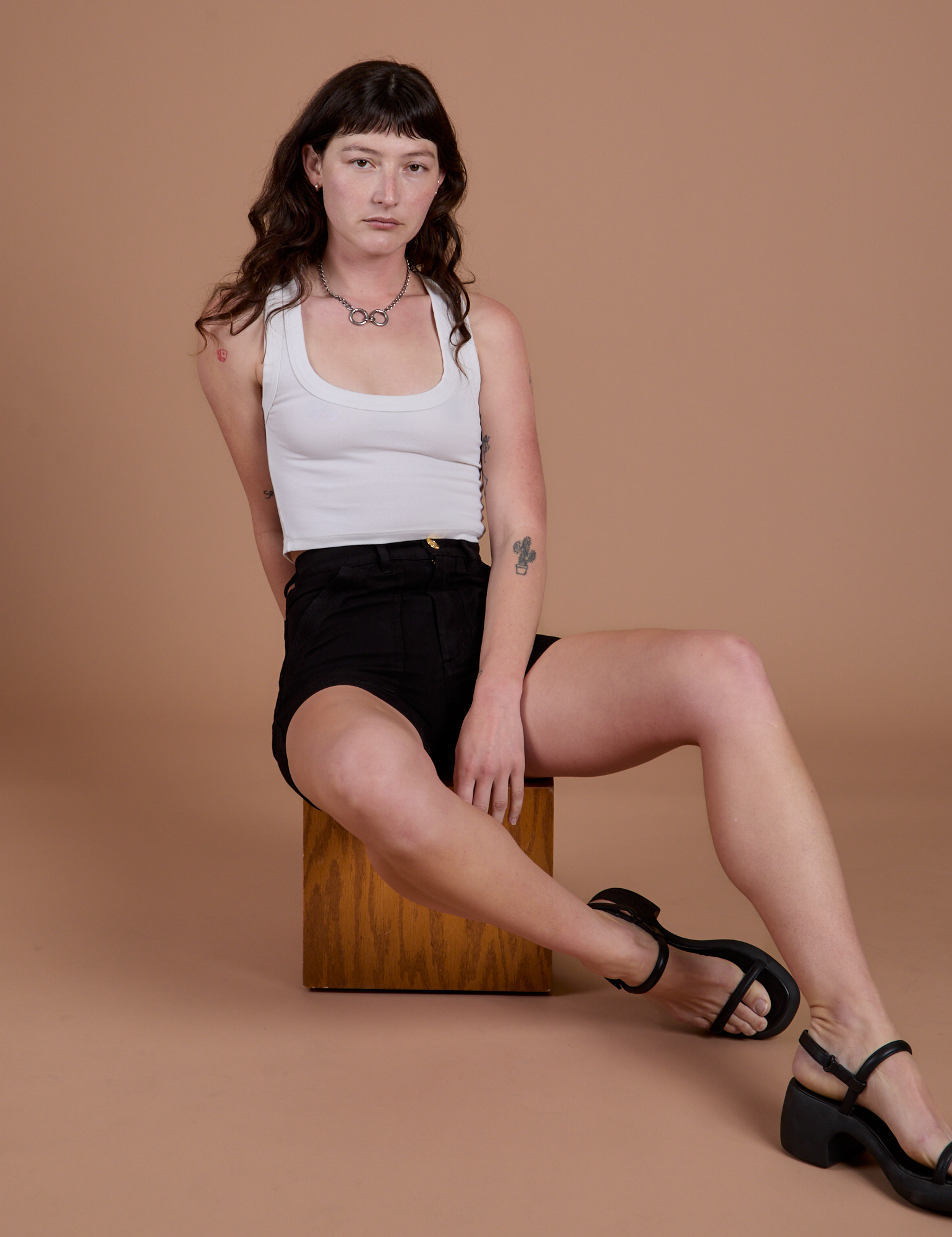Classic Work Shorts in Basic Black and Cropped Tank in Vintage Tee White on Alex
