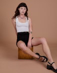 Classic Work Shorts in Basic Black and Cropped Tank in Vintage Tee White on Alex