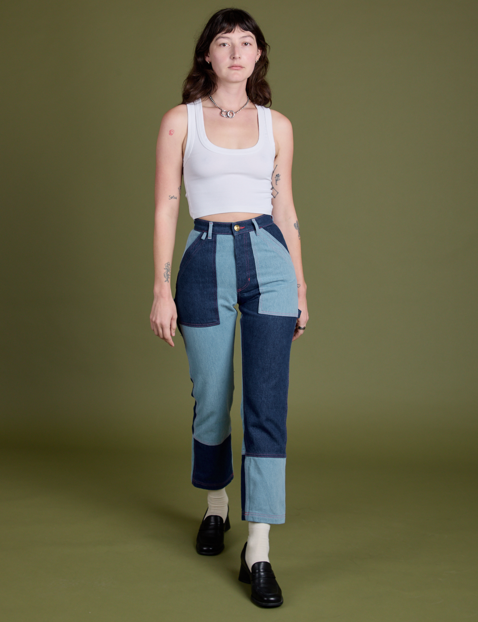 Mismatched Denim Carpenter Jeans and Cropped Tank in Vintage Tee White on Alex
