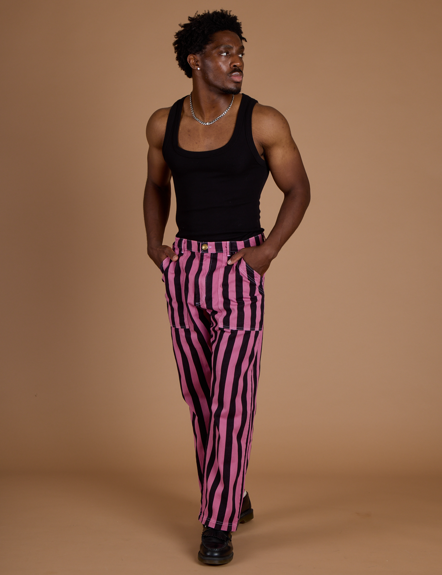 Black Stripe Work Pants - Bubblegum Pink