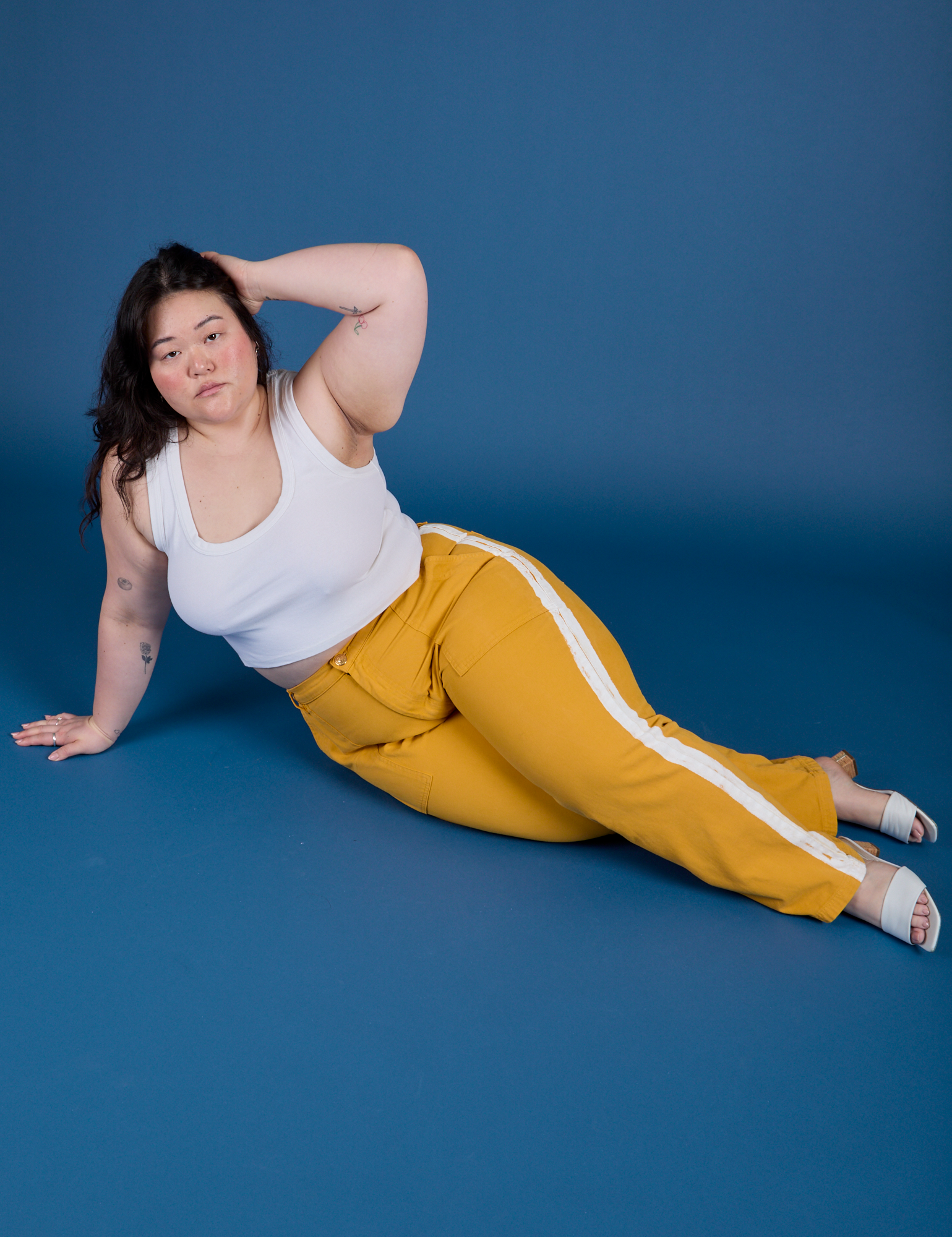 Painted Work Pants in Mustard Yellow and Cropped Tank in Vintage Tee White on Ashley