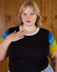 Calypso Tee in Black Multi front close up on Juliet