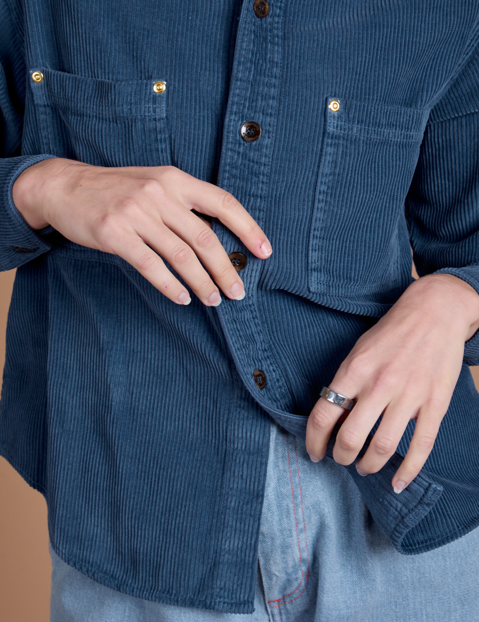 Cropped Corduroy Overshirt in French Blue close up on Alex