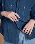 Cropped Corduroy Overshirt in French Blue close up on Alex