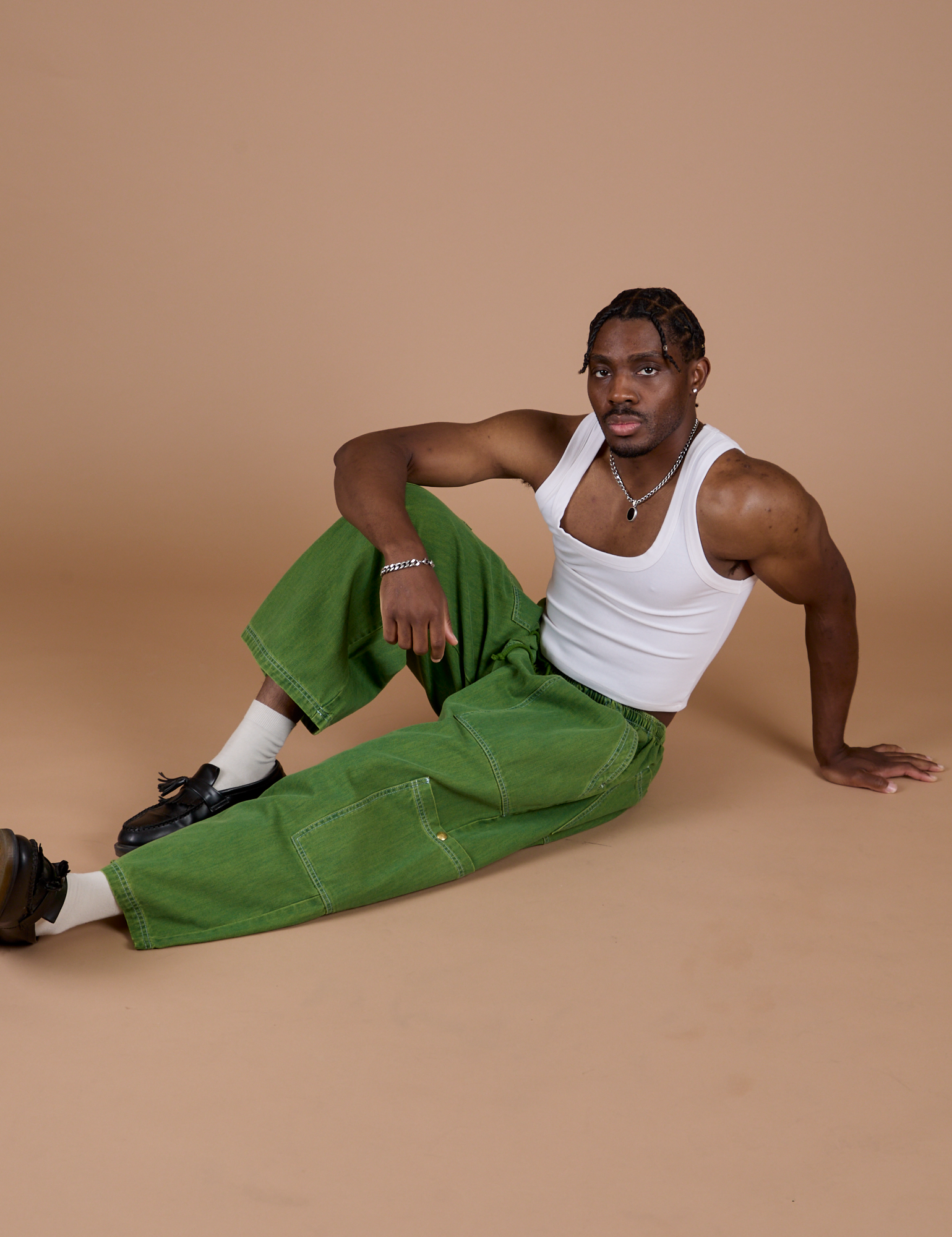 Denim Drop Pocket Pants in Green Overdye and Cropped Tank in Vintage Tee White on Isaac