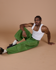 Denim Drop Pocket Pants in Green Overdye and Cropped Tank in Vintage Tee White on Isaac