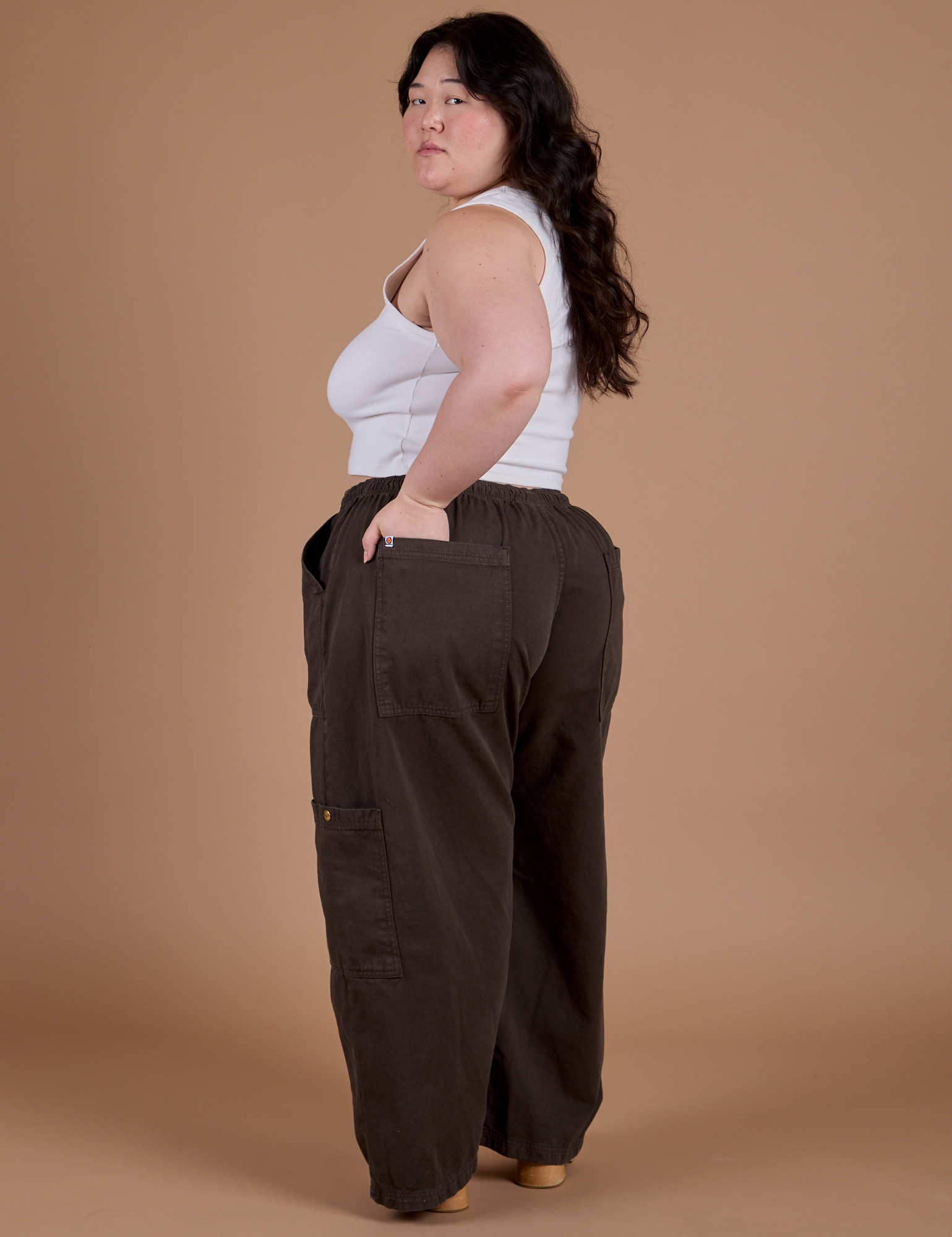 Angled back view of Drop Pocket Cargo Pants in Espresso Brown  on Ashley