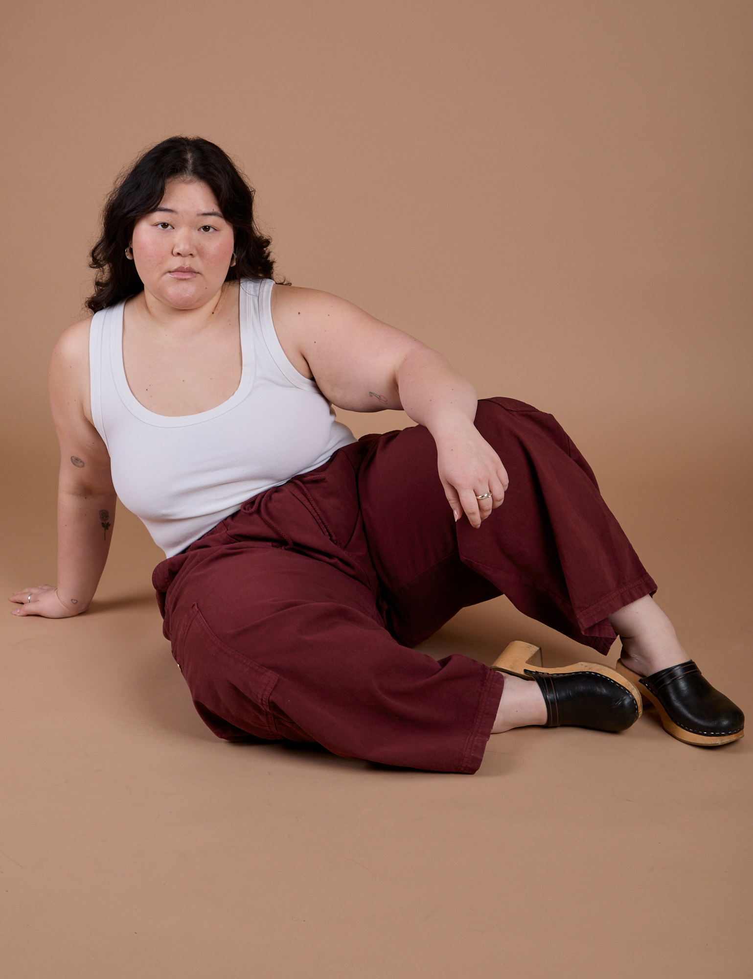 Drop Pocket Cargo Pants in Red Wine and Cropped Tank in Vintage Tee White on Ashley