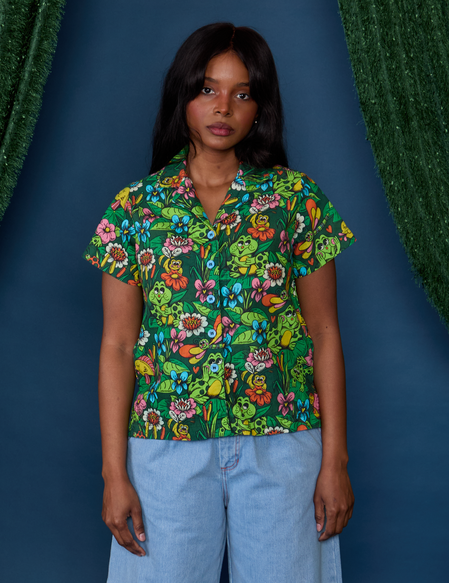Kandia is wearing a buttoned up Pond Party Pantry Button-Up