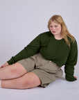 Pleated Trouser Shorts in Khaki Grey and Long Sleeve Burly Tee in Evergreen
