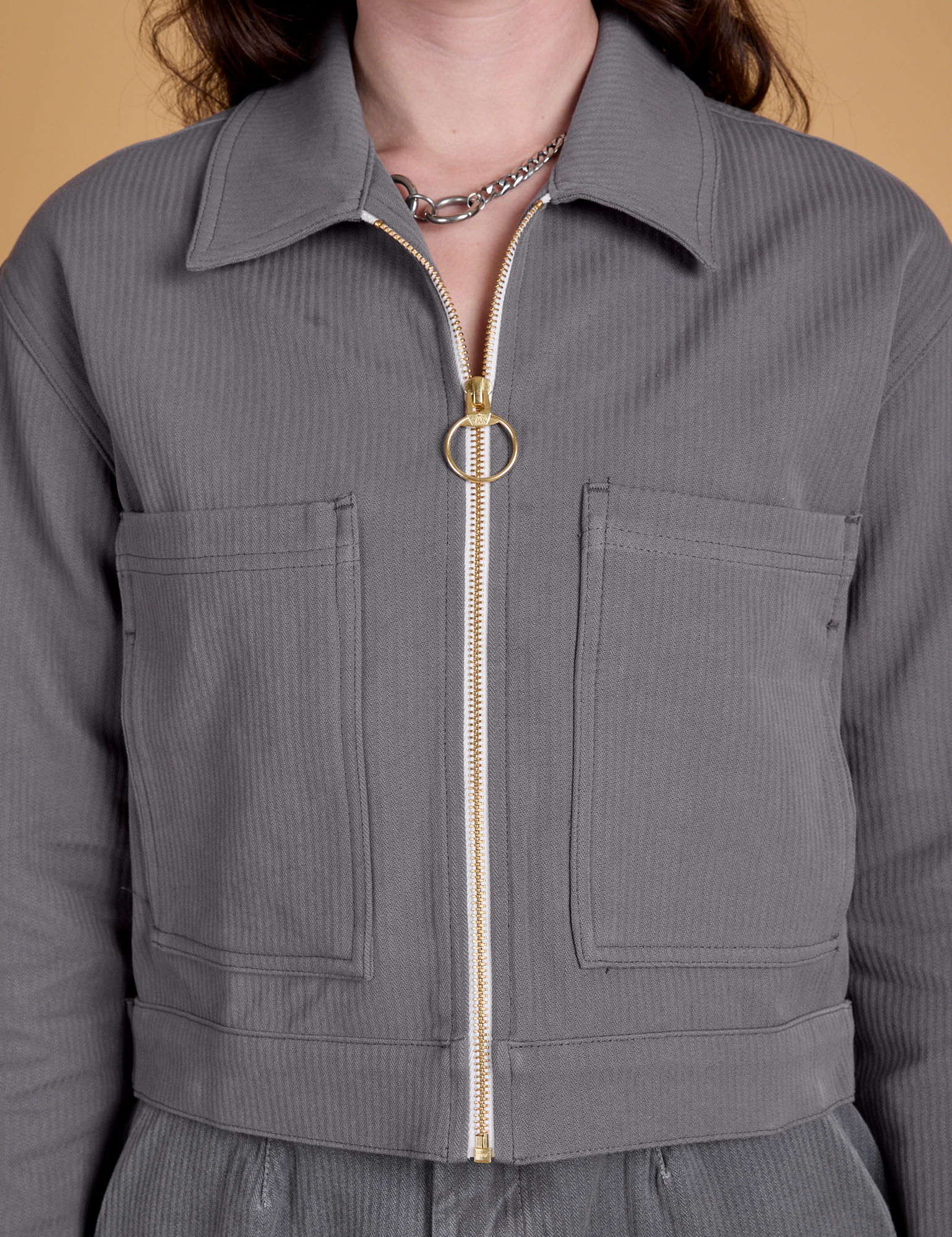 Front close up of Heritage Mechanic Jacket in Washed Grey on Alex