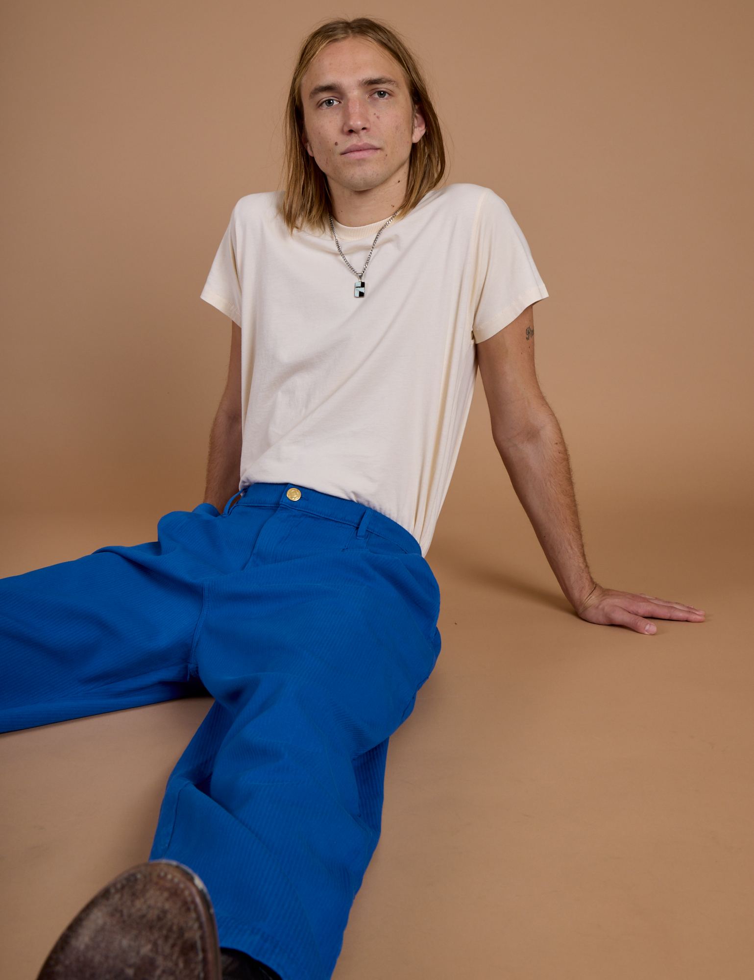 Heritage Trousers in Royal Blue and vintage off white Organic Vintage Tee on Grant