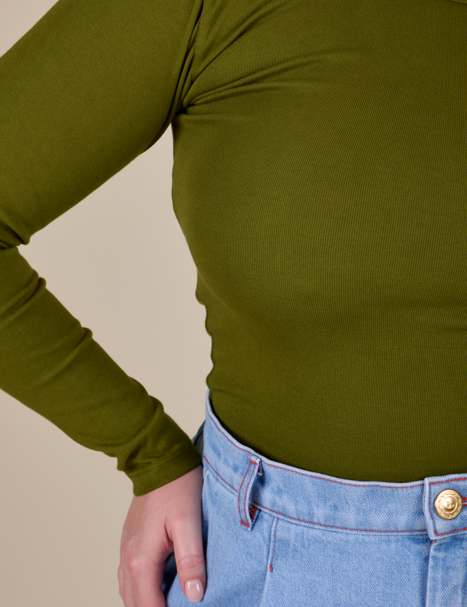 Long Sleeve Baby Tee in Summer Olive close up on Lish
