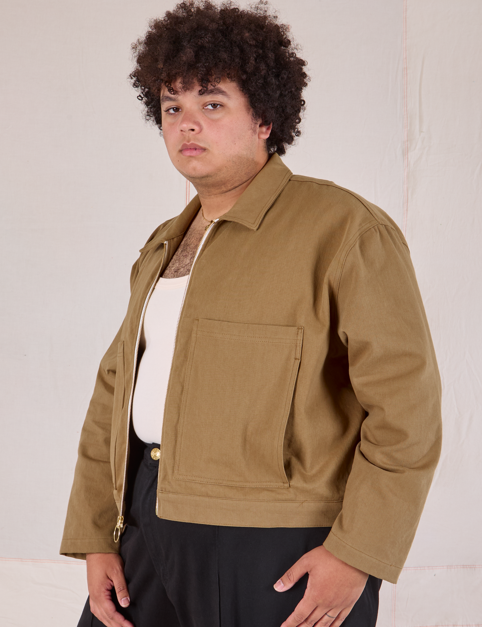 Mechanic Jacket in Desert Brown side view on Miguel