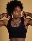 Contrast Stitch Mini Tank in Basic Black front close up on Jerrod