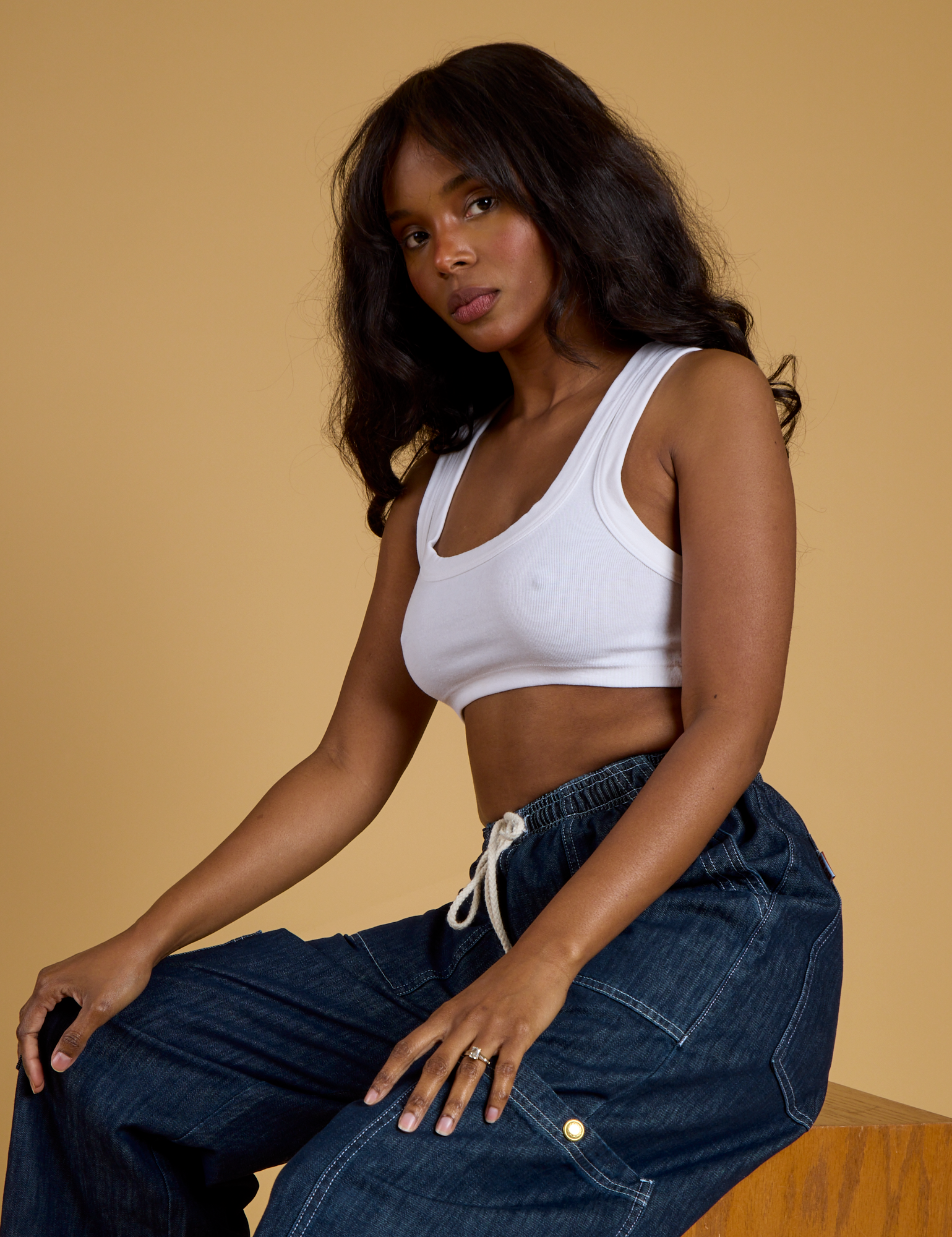 Contrast Stitch Mini Tank in Vintage Tee White and dark wash Denim Drop Pocket Pants on Kandia