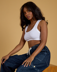 Contrast Stitch Mini Tank in Vintage Tee White and dark wash Denim Drop Pocket Pants on Kandia