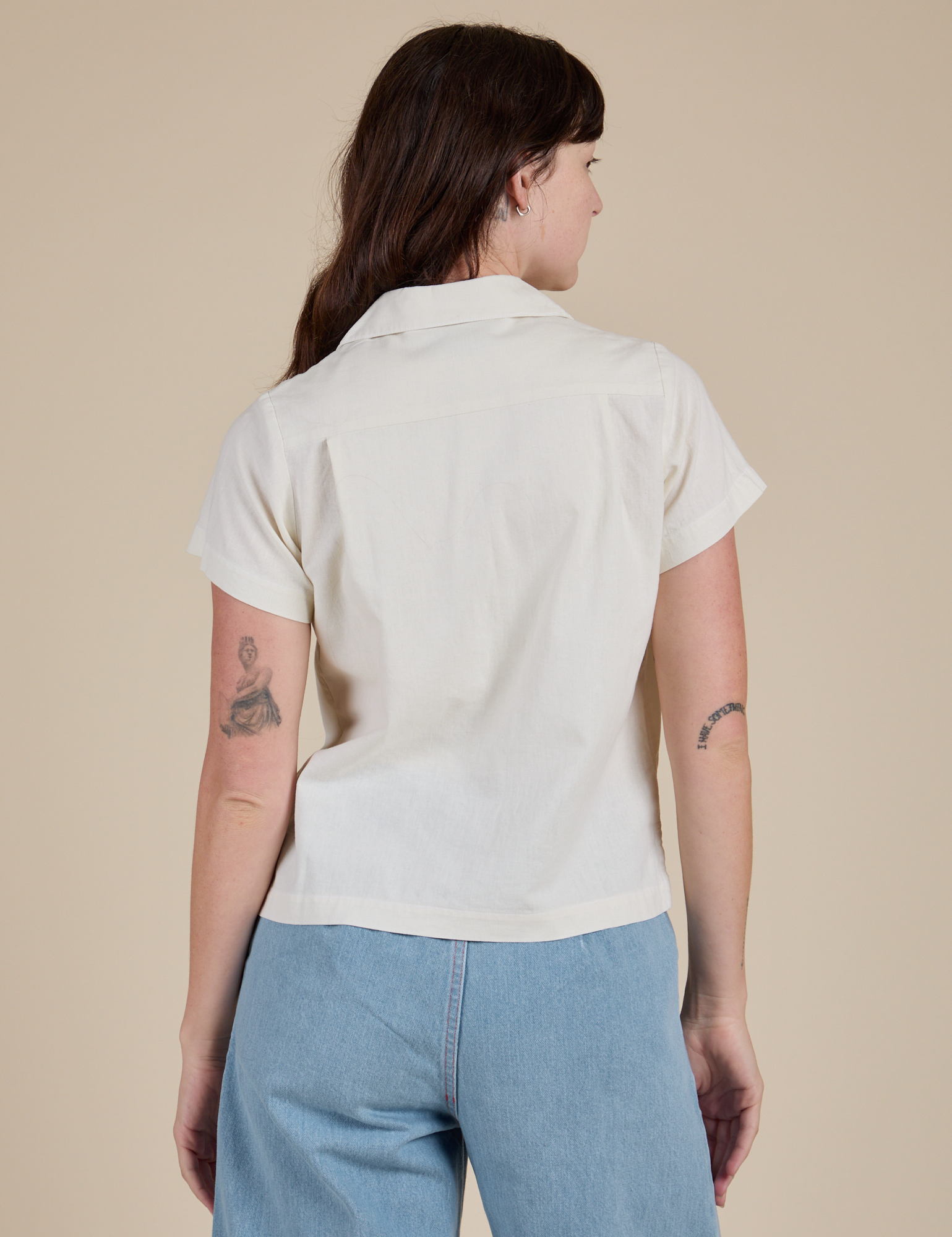 Pantry Button-Up in Vintage Tee White back view on Alex