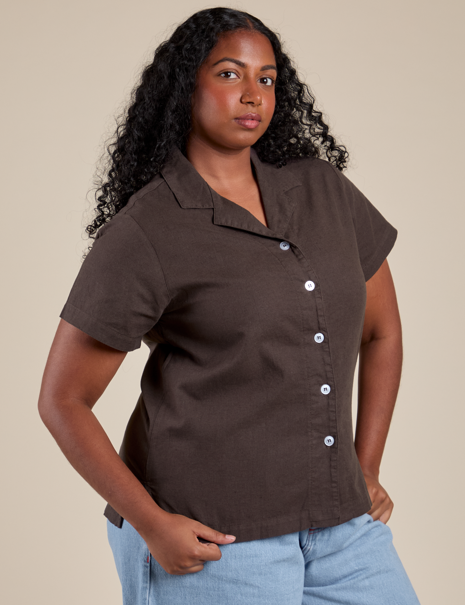 Pantry Button-Up in Espresso Brown angled front view on Meghna