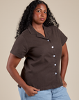 Pantry Button-Up in Espresso Brown angled front view on Meghna