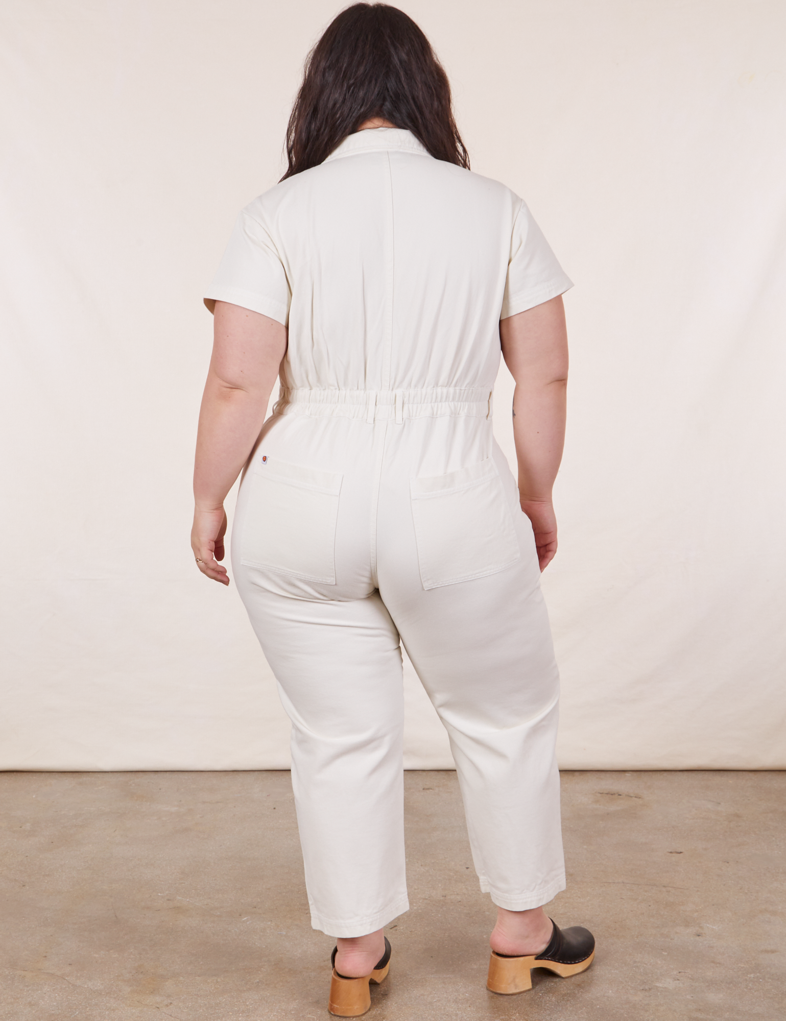 Back view of Petite Short Sleeve Jumpsuit in Vintage Tee Off-White on Ashley