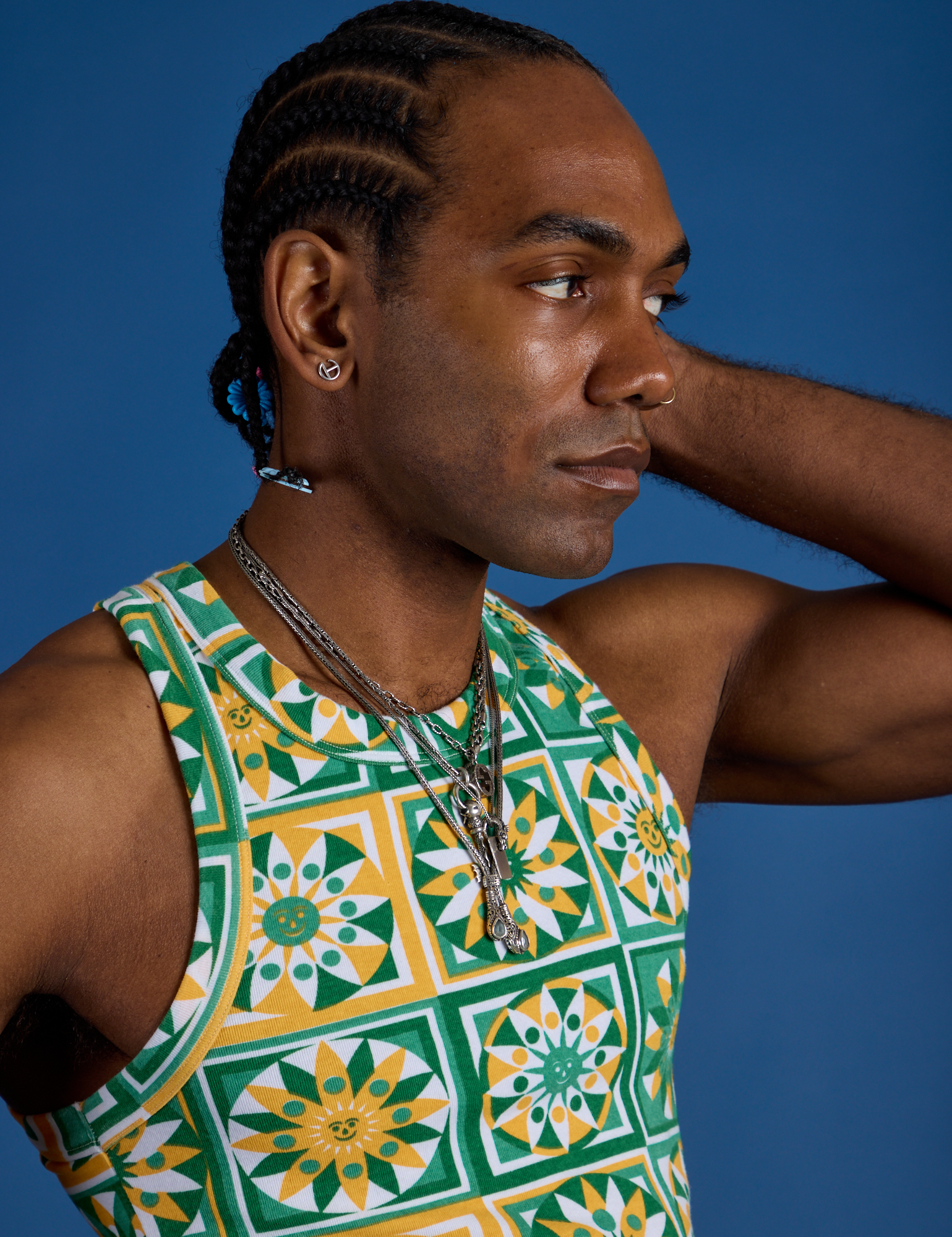Deep-Cut Racerback Tank in Spring Quilt Print angled front view close up on Jerrod