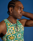Deep-Cut Racerback Tank in Spring Quilt Print angled front view close up on Jerrod