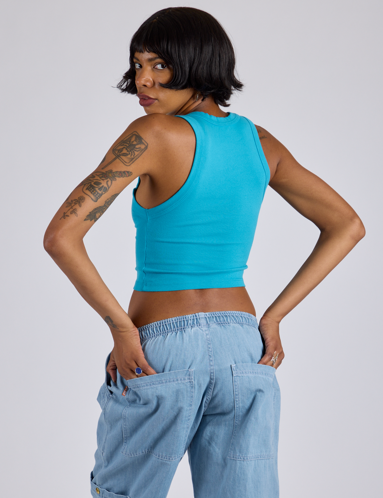 Cropped Tank Top in Hawaiian Blue back view on Kira