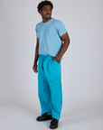 Angled front view of Drop Pocket Cargo Pants in Hawaiian Blue and baby blue Organic Vintage Tee on Isaac