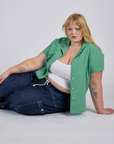Pantry Button-Up in Seafoam Green and dark wash Denim Drop Pocket Pants on Juliet