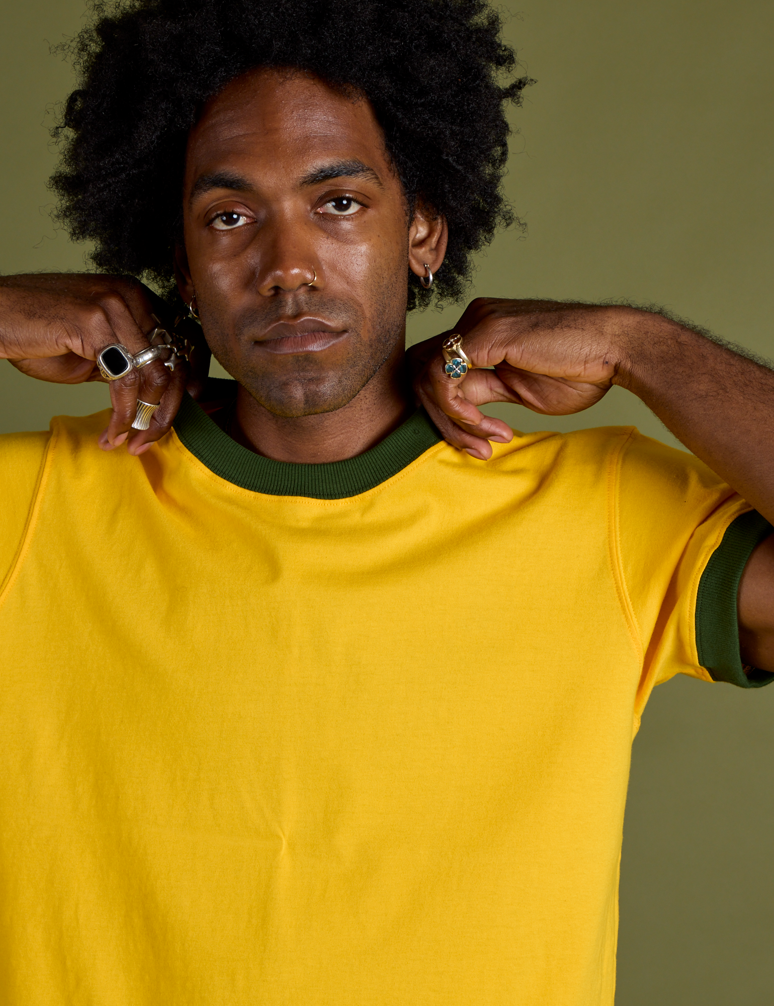 Close up of Vintage Ringer Tee in Sunshine Yellow on Jerrod