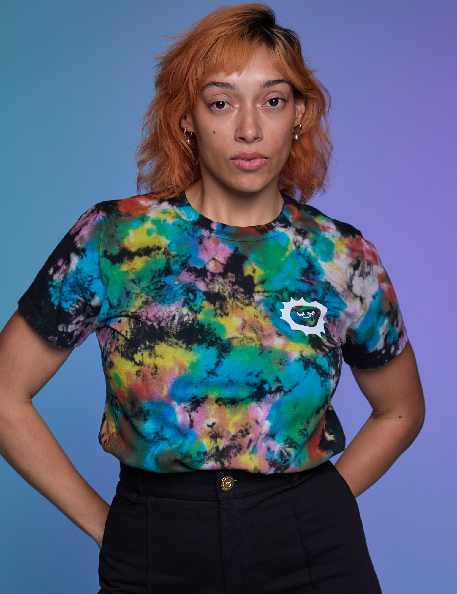 Tiara is 5'4" and wearing XS Classic Tee in Rainbow Magic Waters