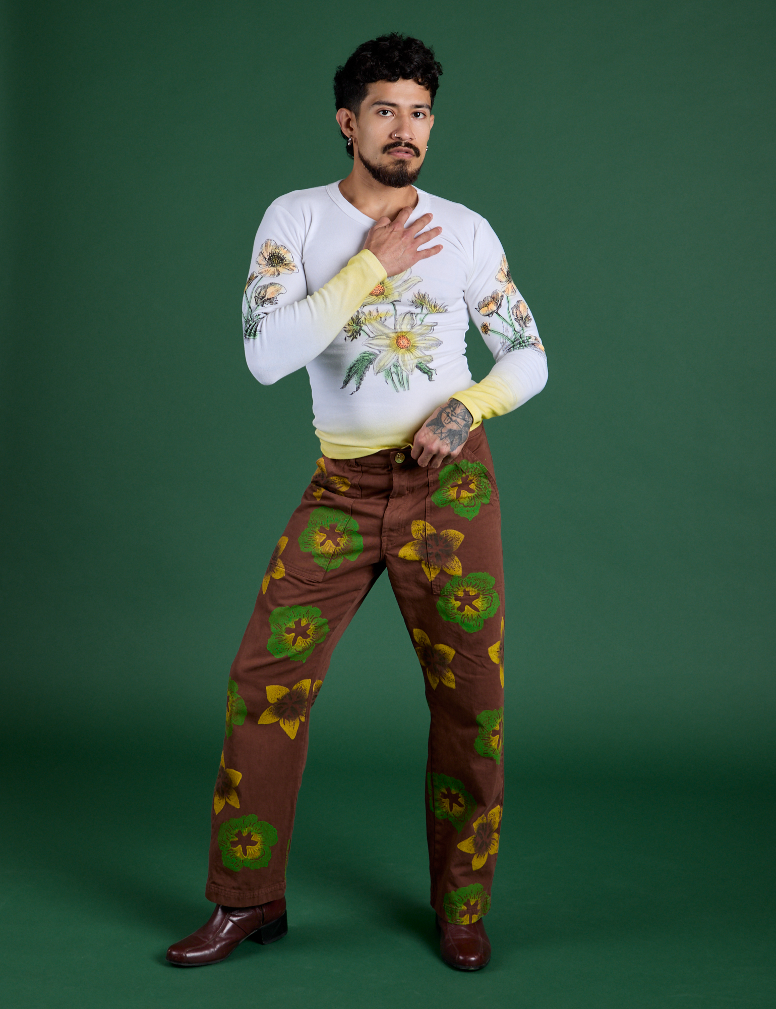 Floral Long Sleeve Baby Tee in Yellow and Floral Painted Work Pants in Brown on Jesse