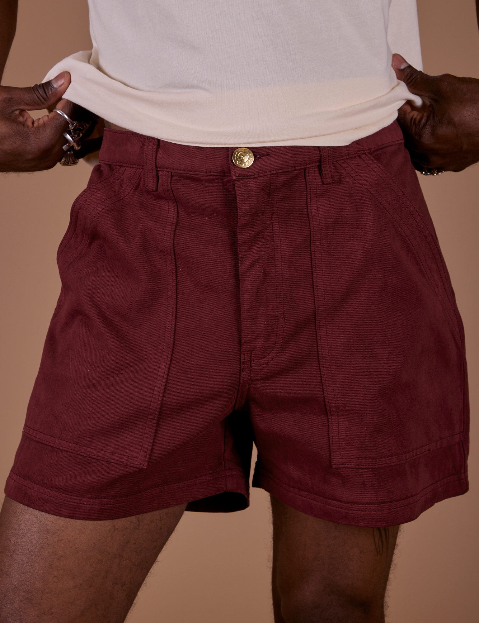 Classic Work Shorts in Red Wine close up on Jerrod