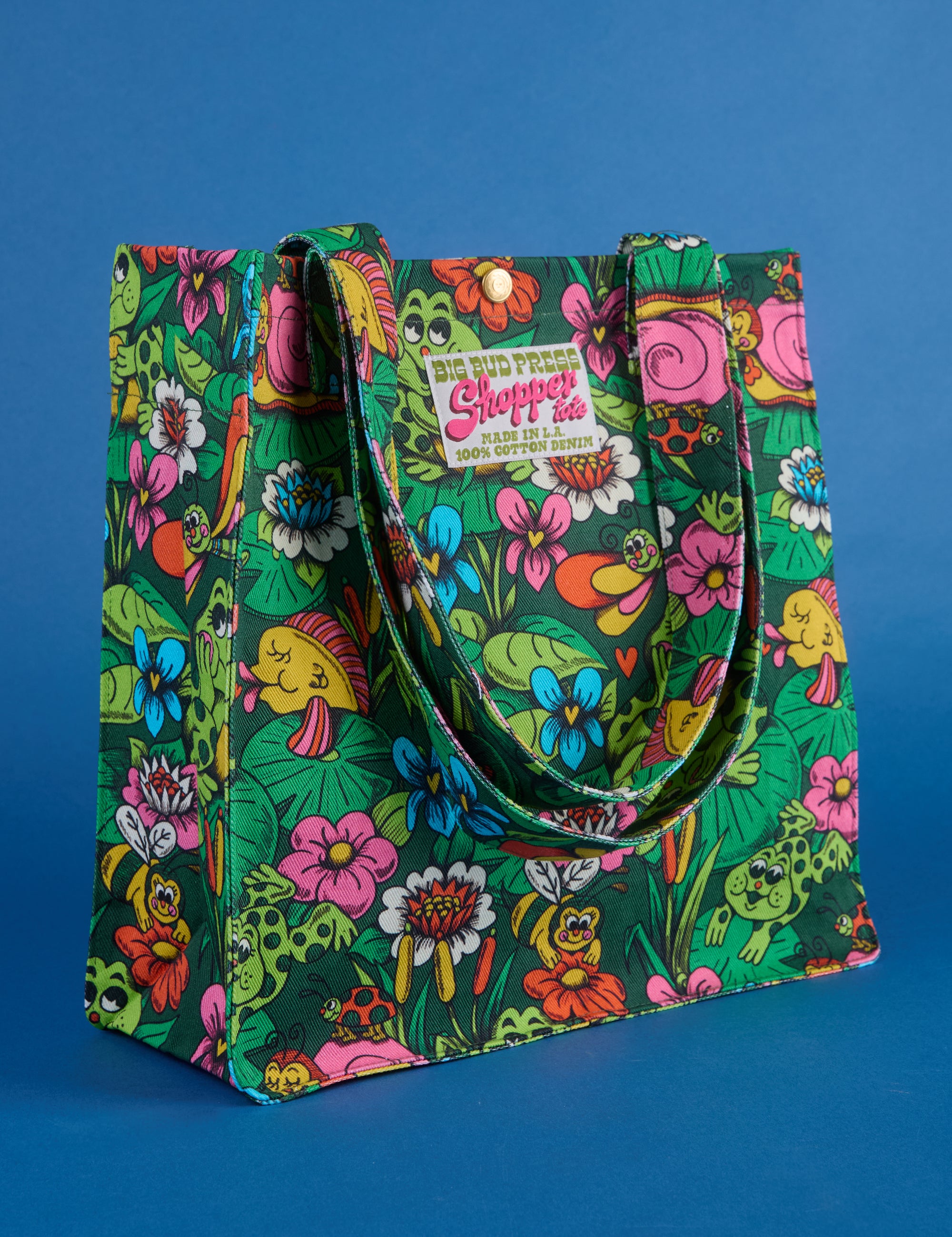 Angled view of Pond Party Printed Shopper Tote