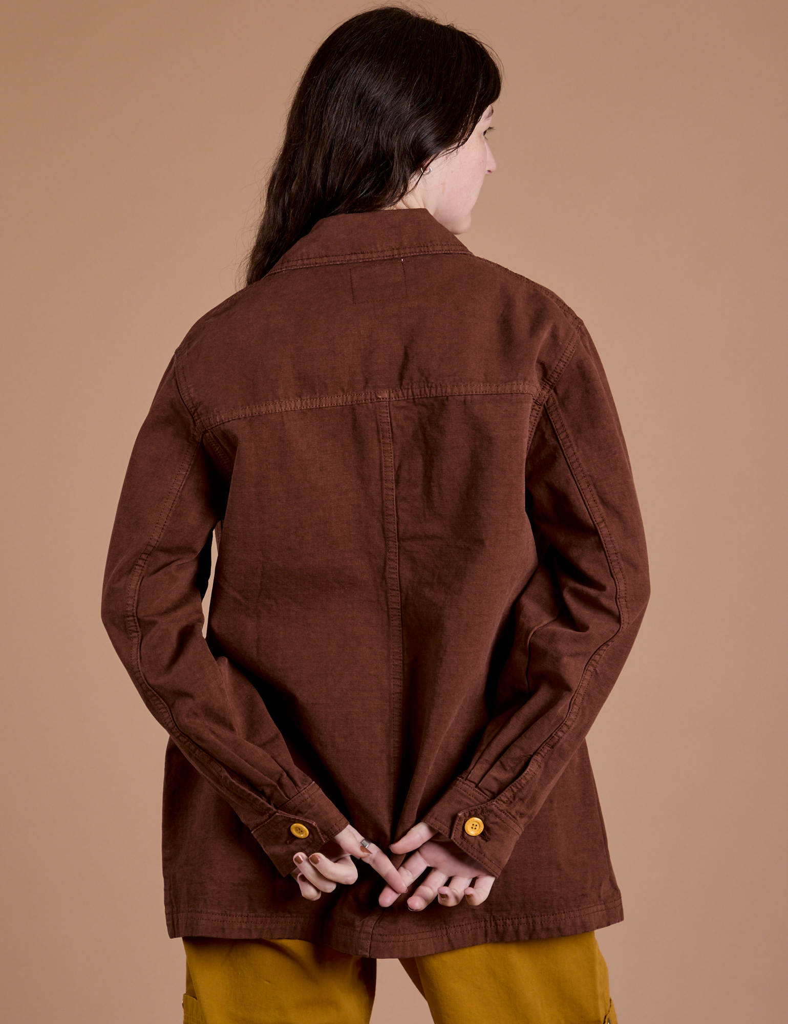 Ripstop Field Coat in Fudgesicle Brown back view on Alex