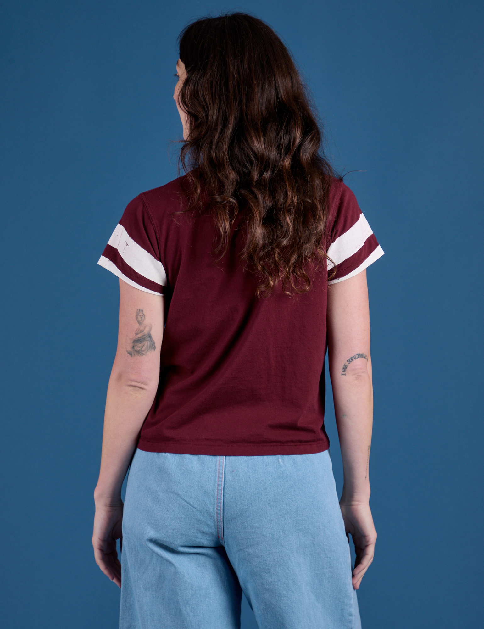 Painted Vintage Tee in Red Wine back view on Alex