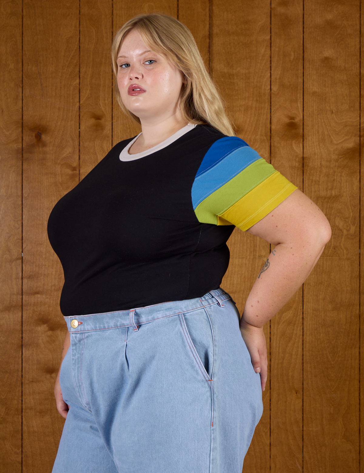 Angled front view of Calypso Tee in Black Multi on Juliet