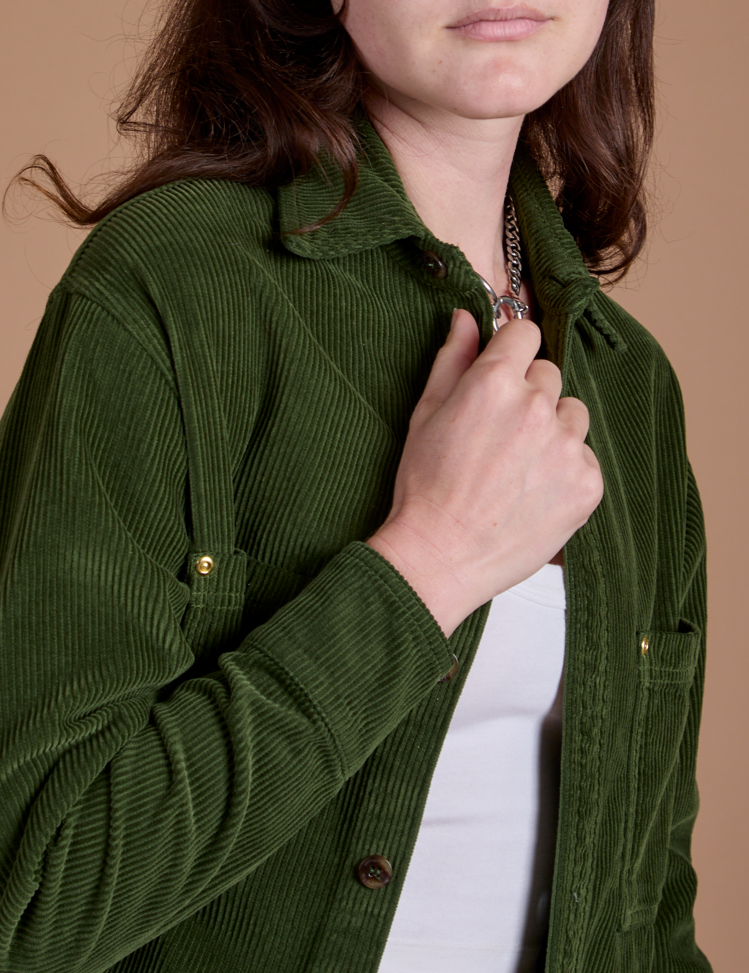 Angled front view close up of Cropped Corduroy Overshirt in Evergreen on Alex