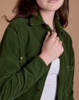 Angled front view close up of Cropped Corduroy Overshirt in Evergreen on Alex
