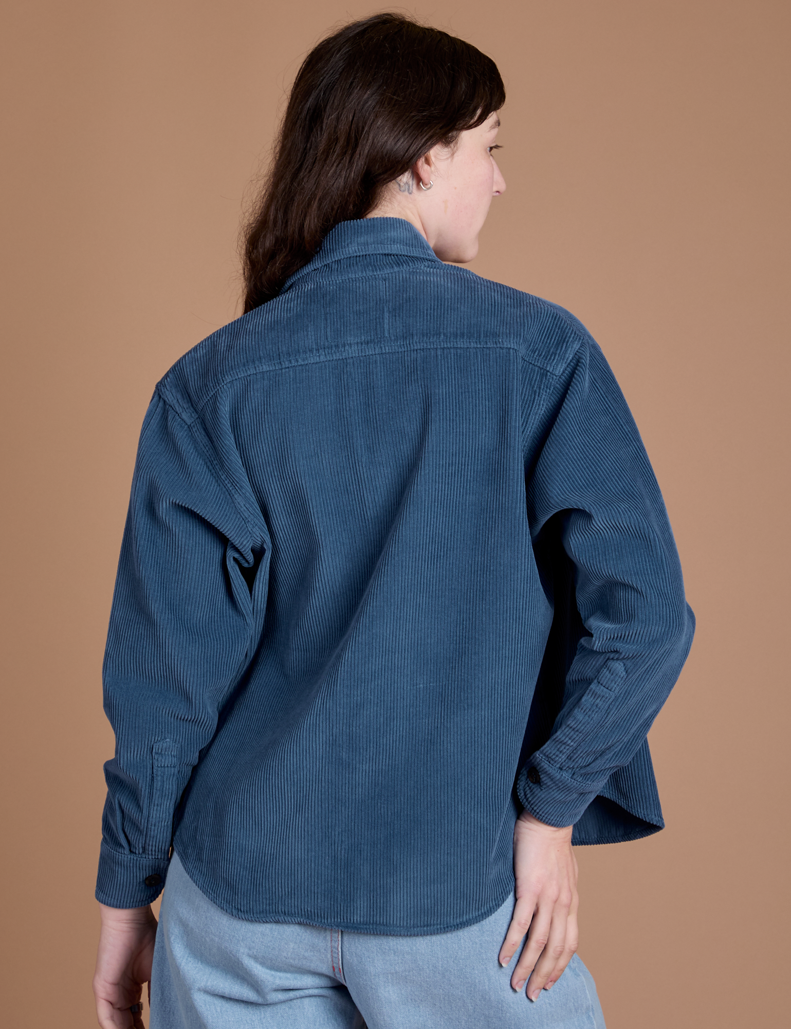 Back view of Cropped Corduroy Overshirt in French Blue on Alex