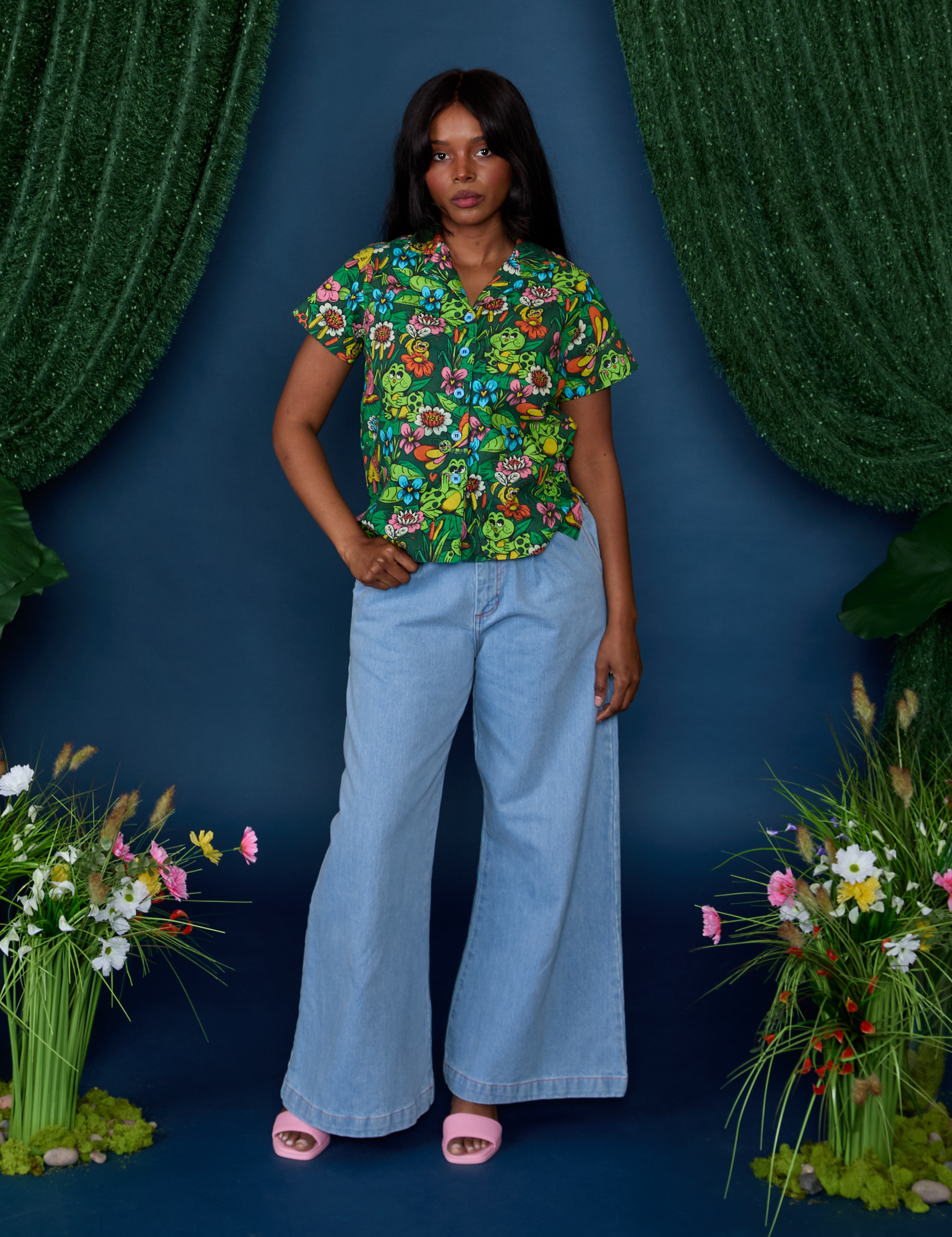 Kandia is wearing Pond Party Pantry Button-Up and Indigo Wide Leg Trousers in Light Wash