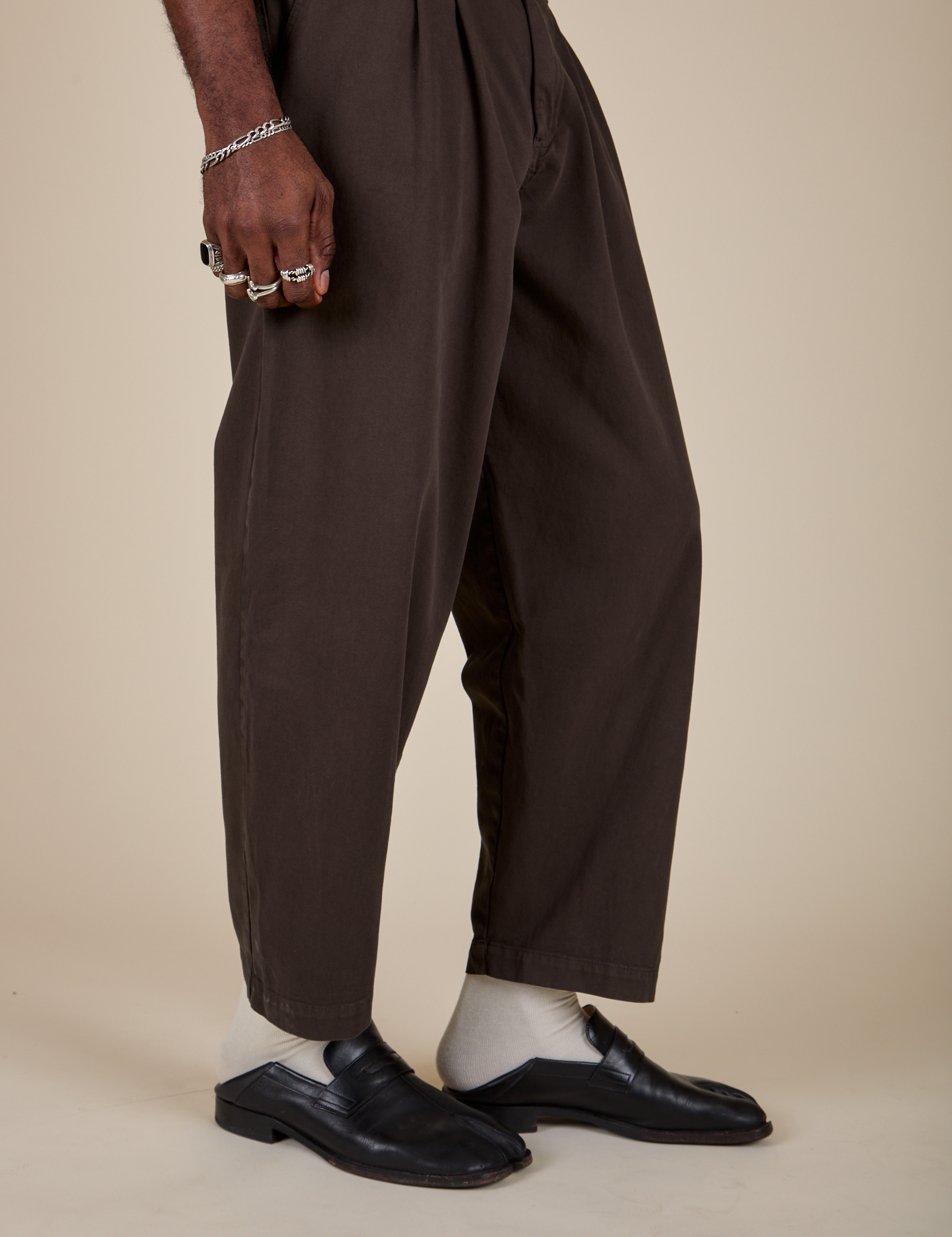 Side view of Heavyweight Trousers in Espresso Brown on Jerrod
