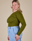 Long Sleeve Baby Tee in Summer Olive side view on Lish