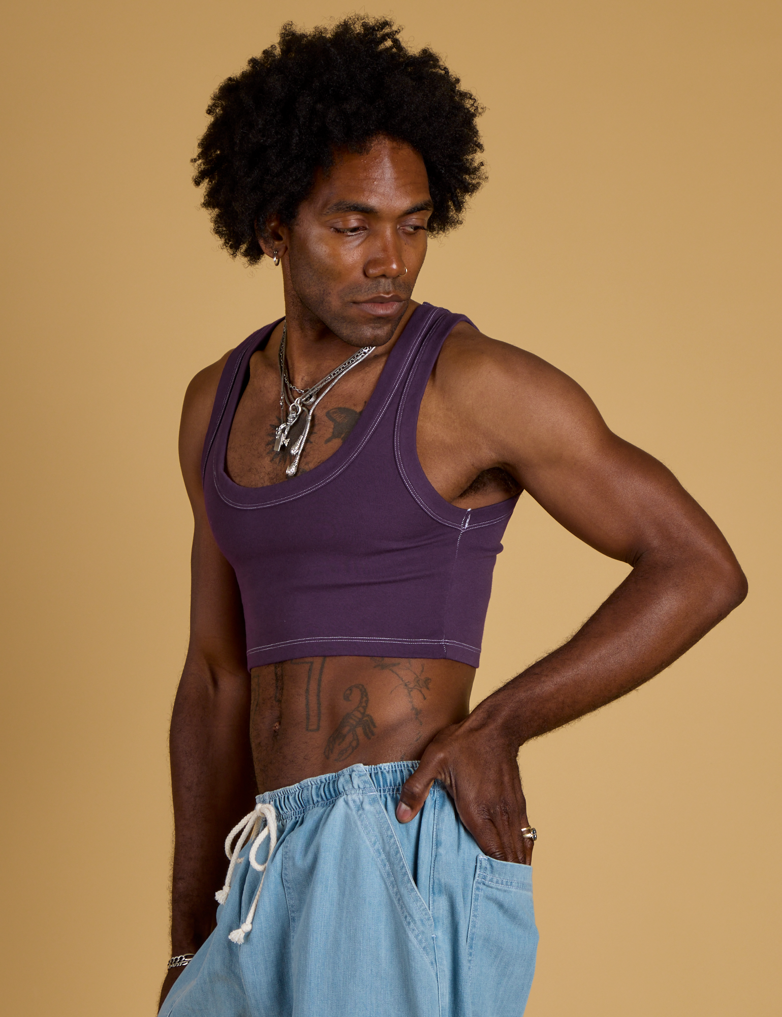 Contrast Stitch Mini Tank in Nebula Purple angled front view on Jerrod